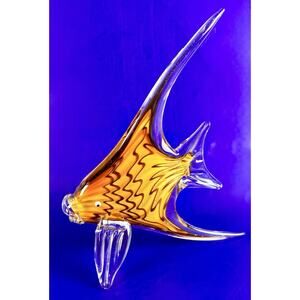 Murano Style Art Glass Sculpture Angel Fish 11” Tall Yellow Orange Tangerine